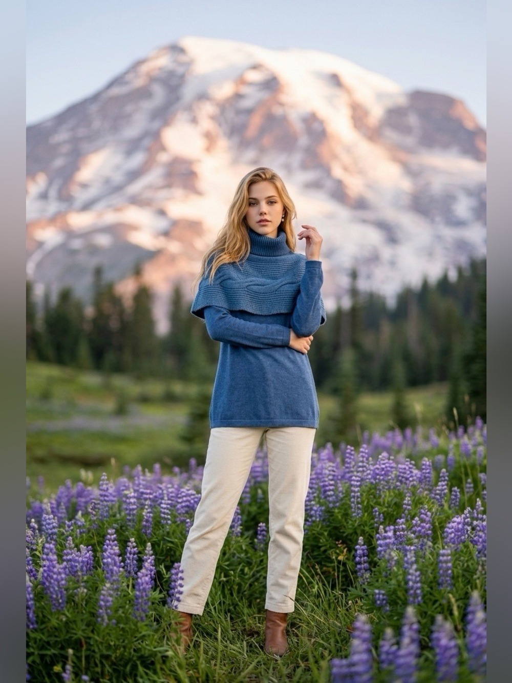 Soft Surroundings Cable Knit Cowl Neck Turtleneck Blue Chunky Sweater (S)